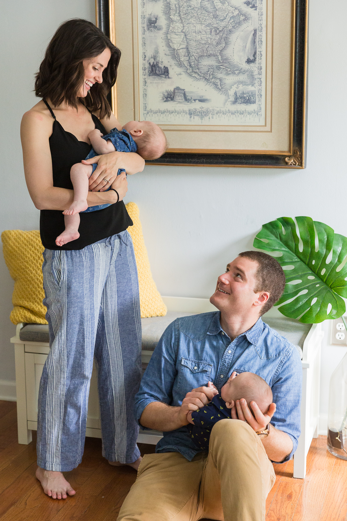 portrait of parents with newborn twins with dad by NJ family photographer Laura Billingham