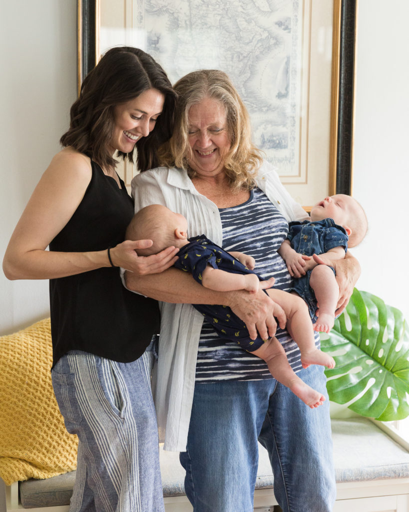 portrait of newborn twins with mom and grandmother by NJ family photographer Laura Billingham