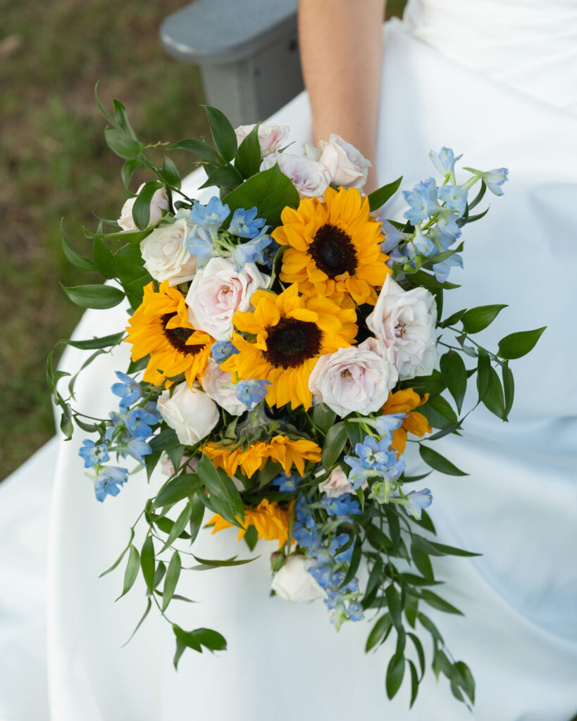Summery bridal bouquet at the Woolverton Inn, Stockton, NJ, wedding photographed by Laura Billingham