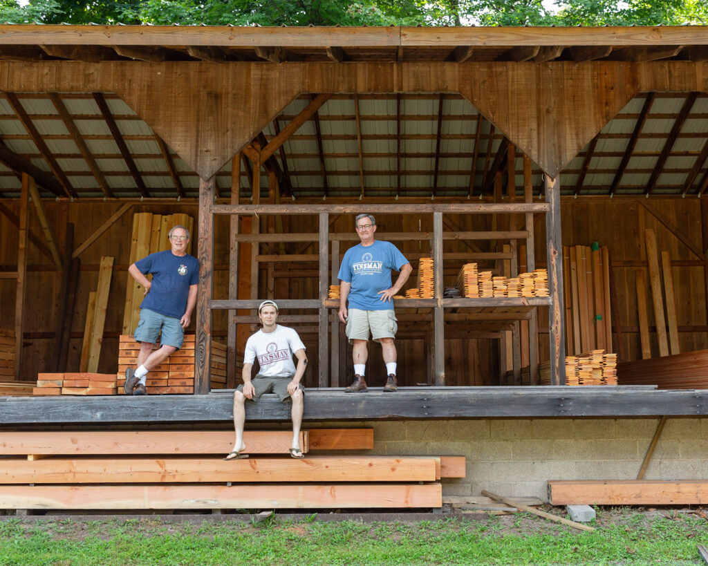 Group portrait of William, Tom and Will Tinsman of the oldest continually operating lumberyard, Tinsman Bros in Bucks County, Lumberville, PA photographed for River Towns Magazine by Laura Billingham