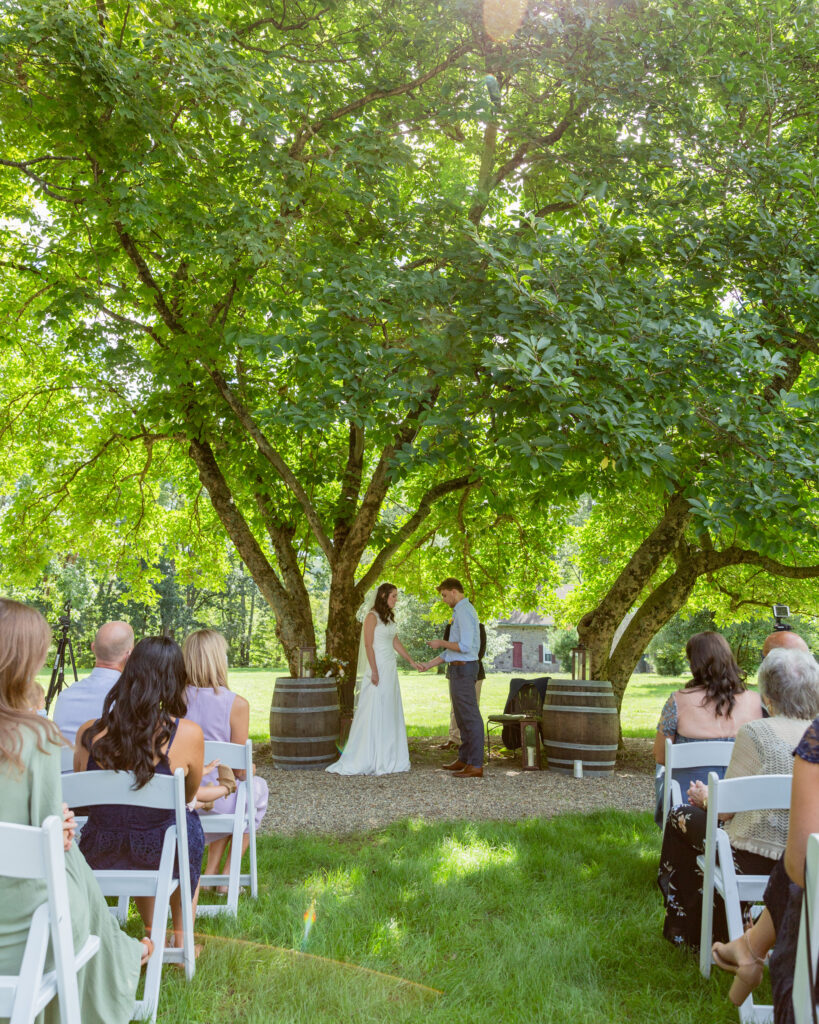 Bride and groom say their vows during an outdoor wedding ceremony at the Woolverton Inn in Stockton, NJ photographed by Laura Billingham Photography