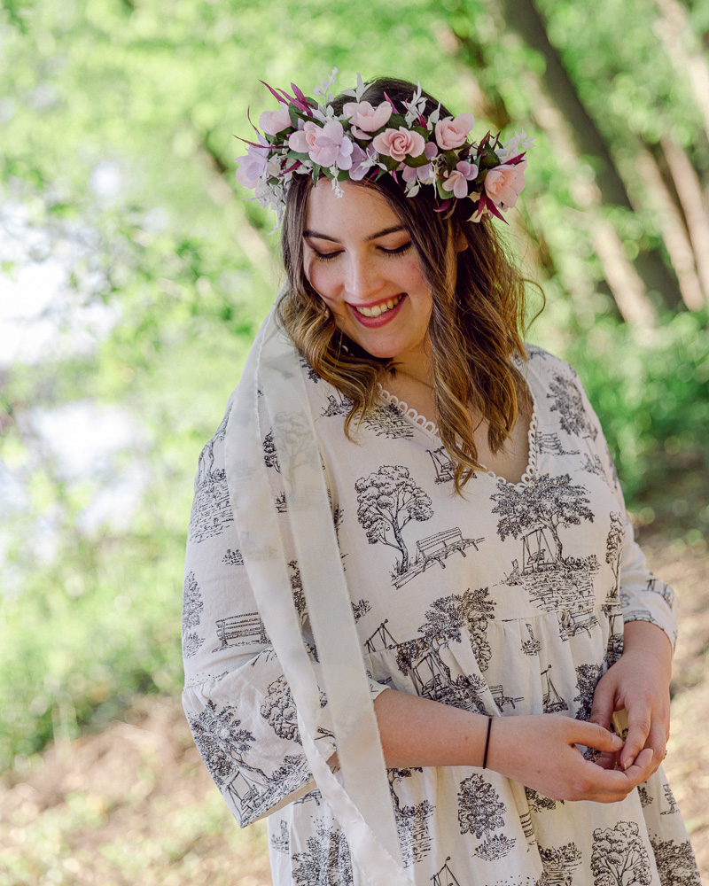 Portraits of a bohemian bride with flower crown near the Delaware River in Frenchotwn NJ
