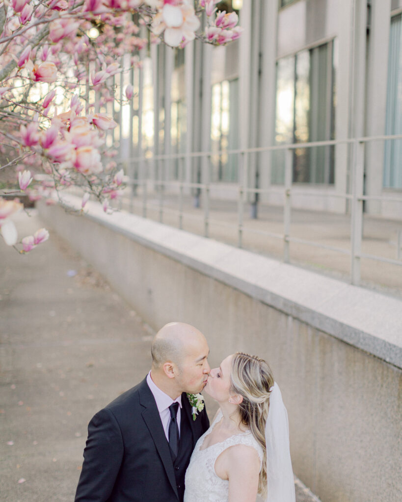 Bride in a lace gown and white veil in her hair and groom in a dark suit kiss next to the Bethlehem Area Public Library, with magnolia trees blossoming behind them