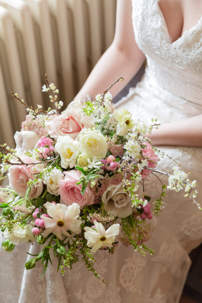 Lush spring bridal bouquet at the Sayre Mansion in Bethlehem, PA by Laura Billingham Photography