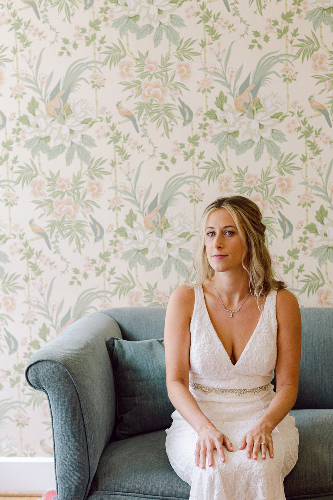 pensive bride before her wedding ceremony at Mountain Lakes House in Princeton NJ by Laura Billingham Photography