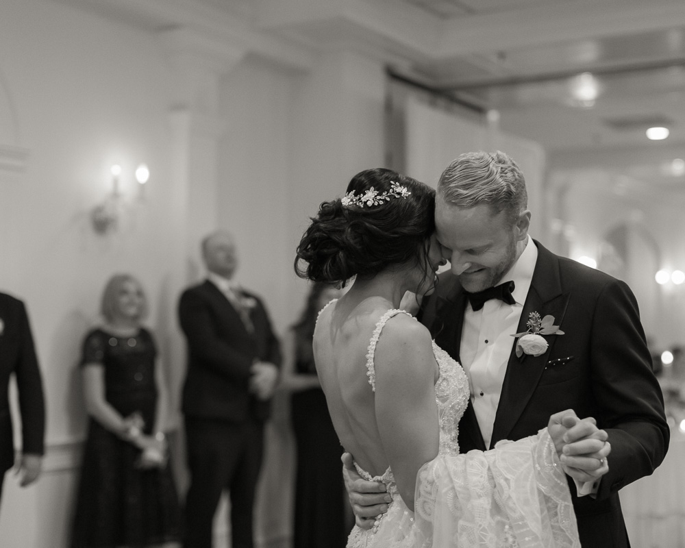 Elegant bride and groom share first dance at the Bernards Inn in Bernardsville, NJ