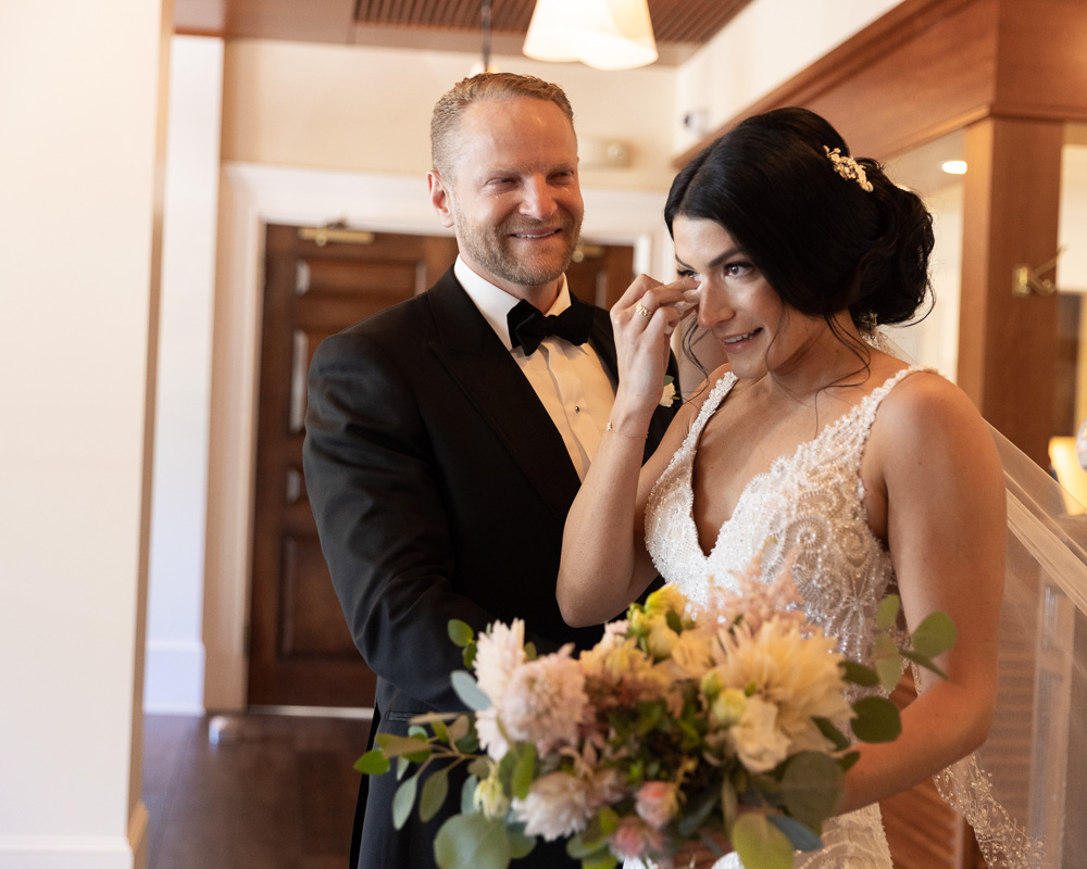Groom cries seeing bride for the first time before their wedding ceremony at the Bernards Inn in Bernardsville NJ by Laura Billingham Photography