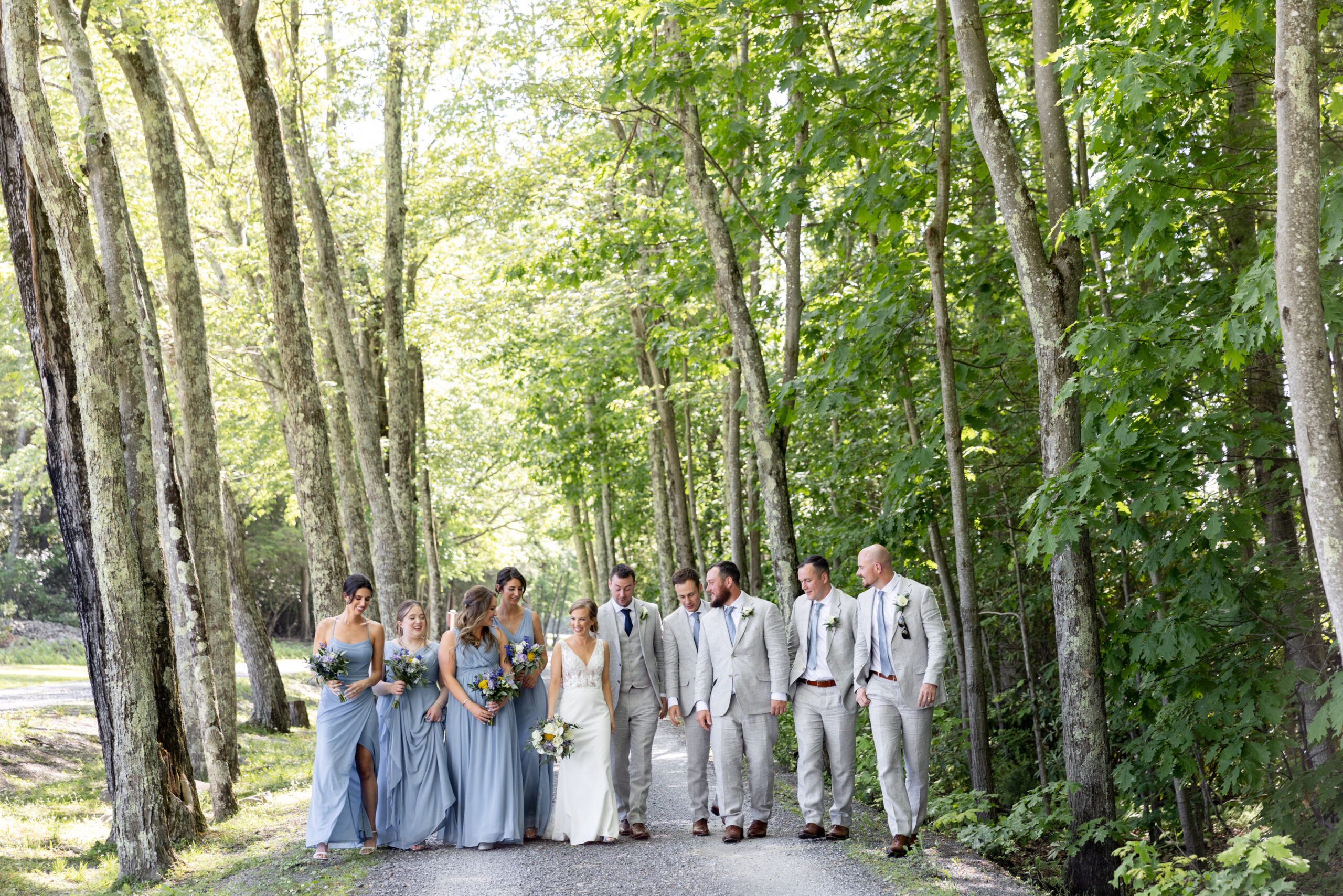 An elegant bridal party walks down a gravel road at The Lodge at Mountain Springs Lake in the Poconos in Reeders, PA