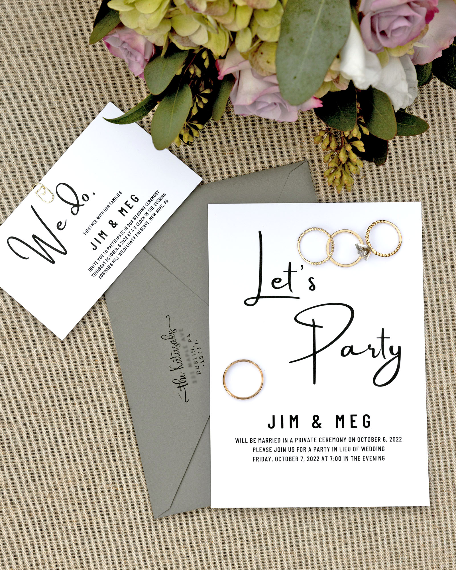 Modern wedding invitation suite with contemporary black and white script that says Let's Party