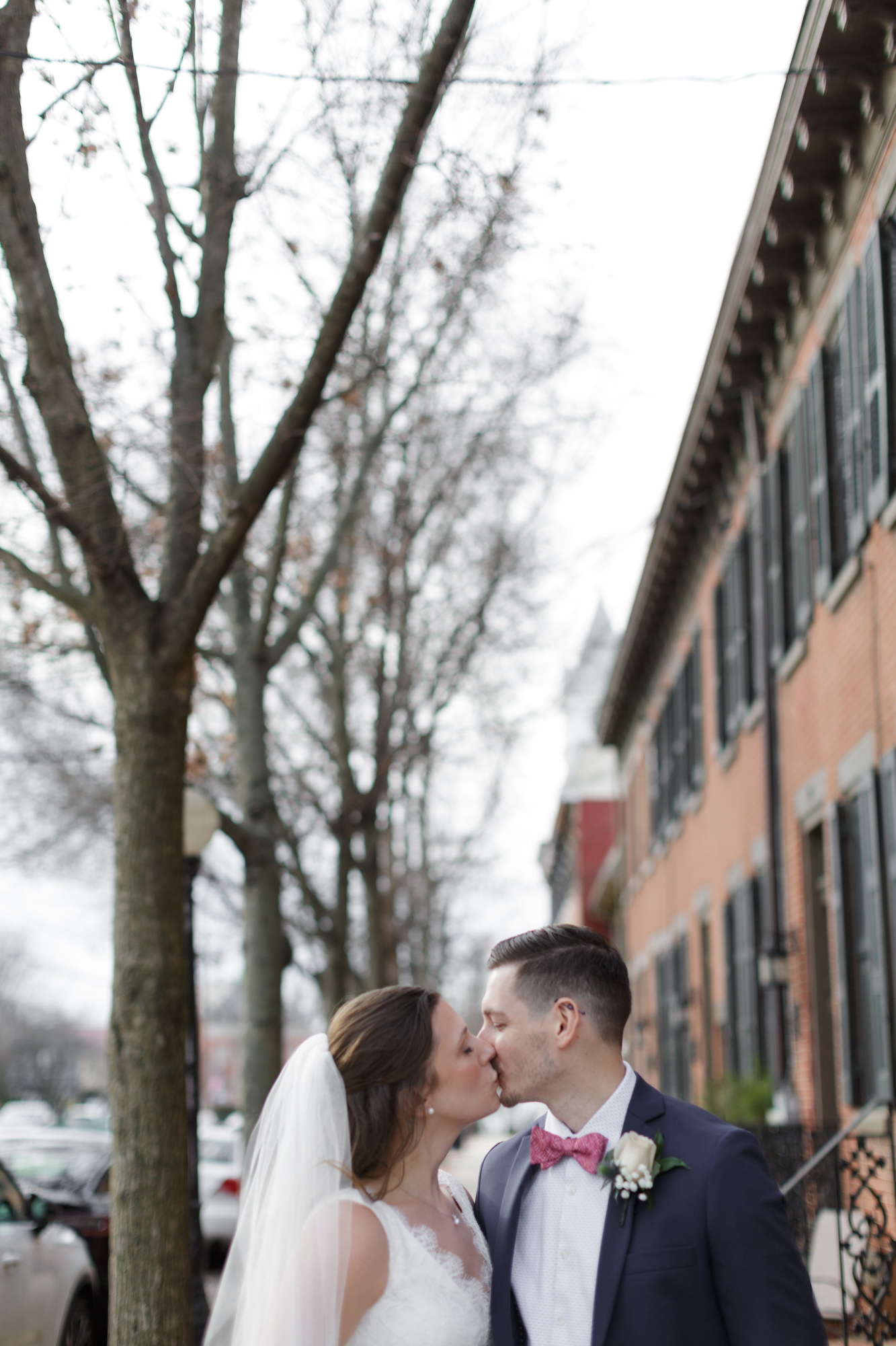 Elegant bride and groom kiss after their wedding ceremony in Bordentown, NJ
