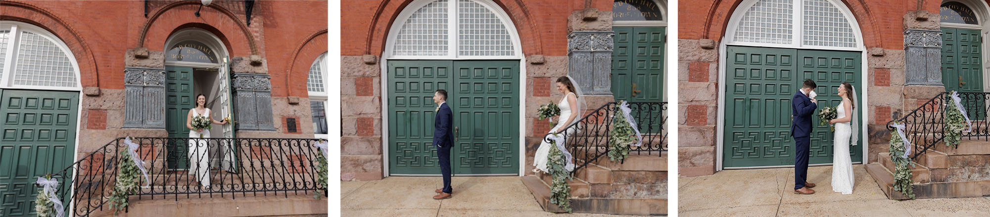 three photos of an elegant bride and groom during a first look in front of Old City Hall in Bordentown, NJ before their wedding ceremony