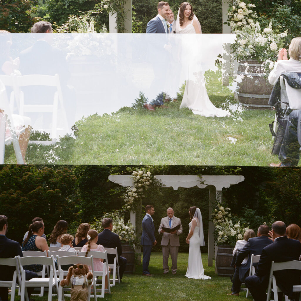 A double exposure of a happy bride and groom in front of a white altar