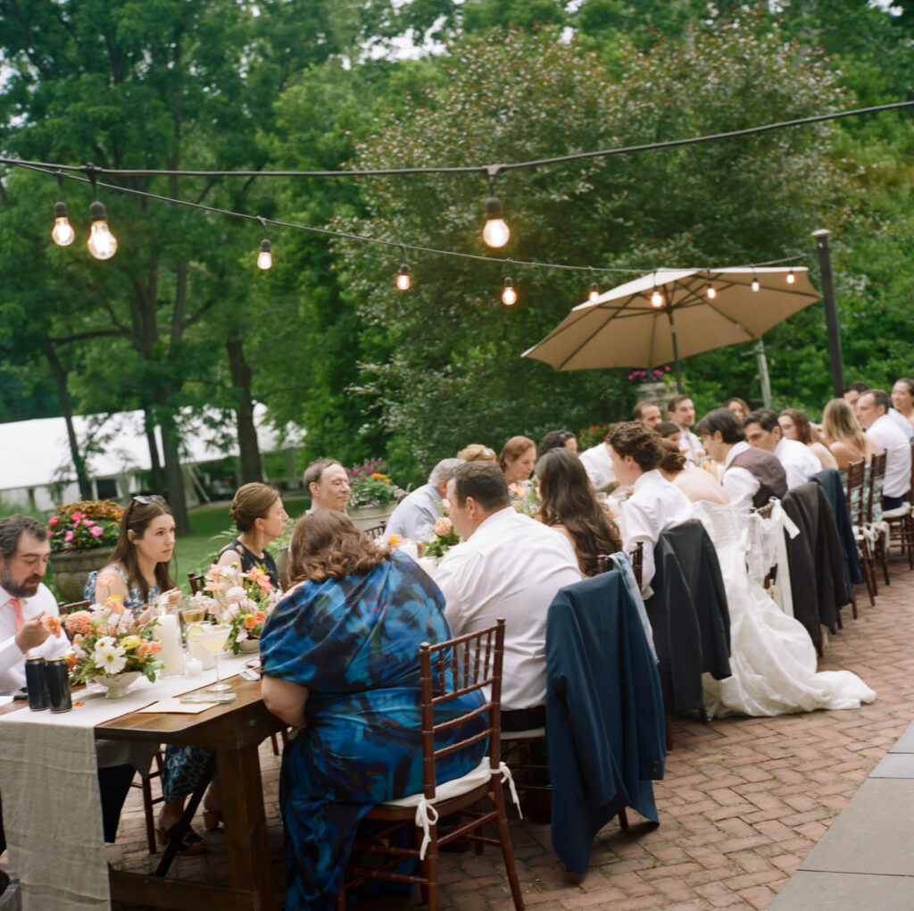 film photo of an outdoor micro wedding reception at Woolverton Inn