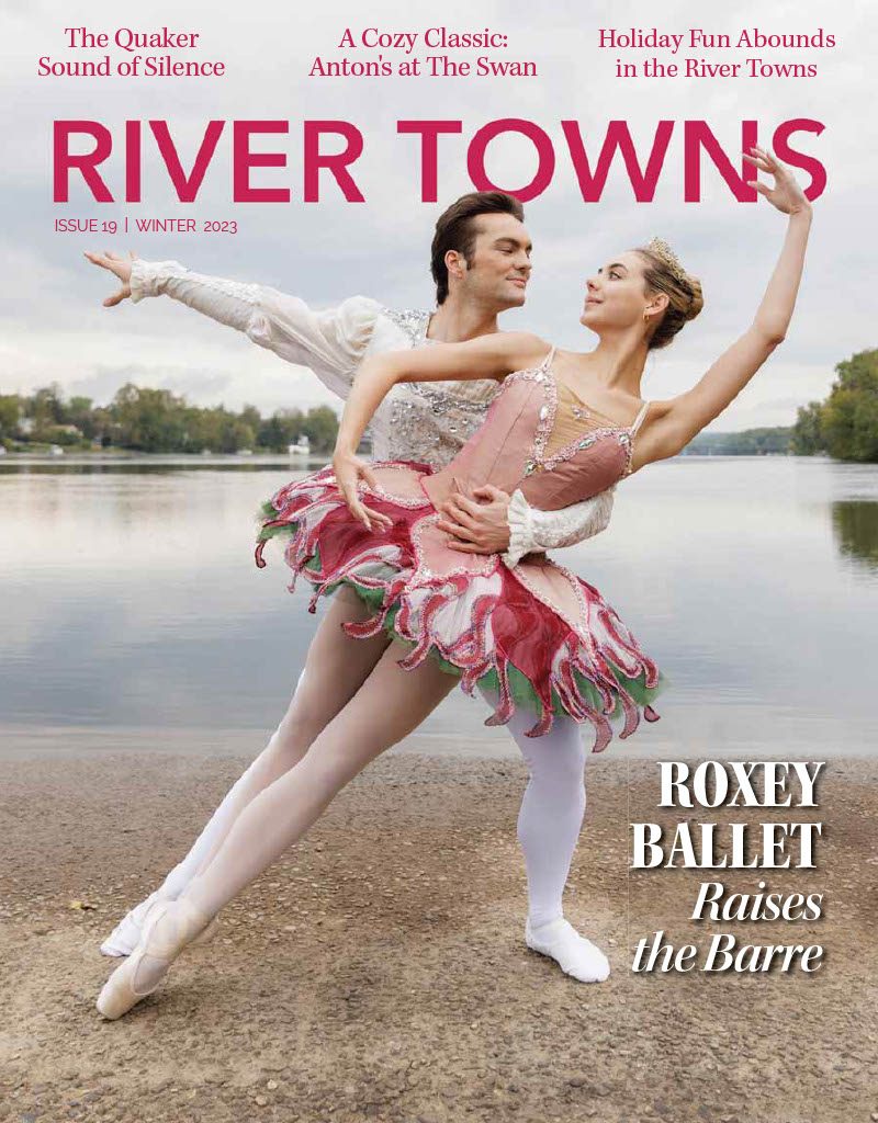 Cover of River Towns Magazine, Issue 19, Winter 2023 featuring two professional ballet dancers from Roxey Ballet, Clementine Greely and Keegan Lloyd